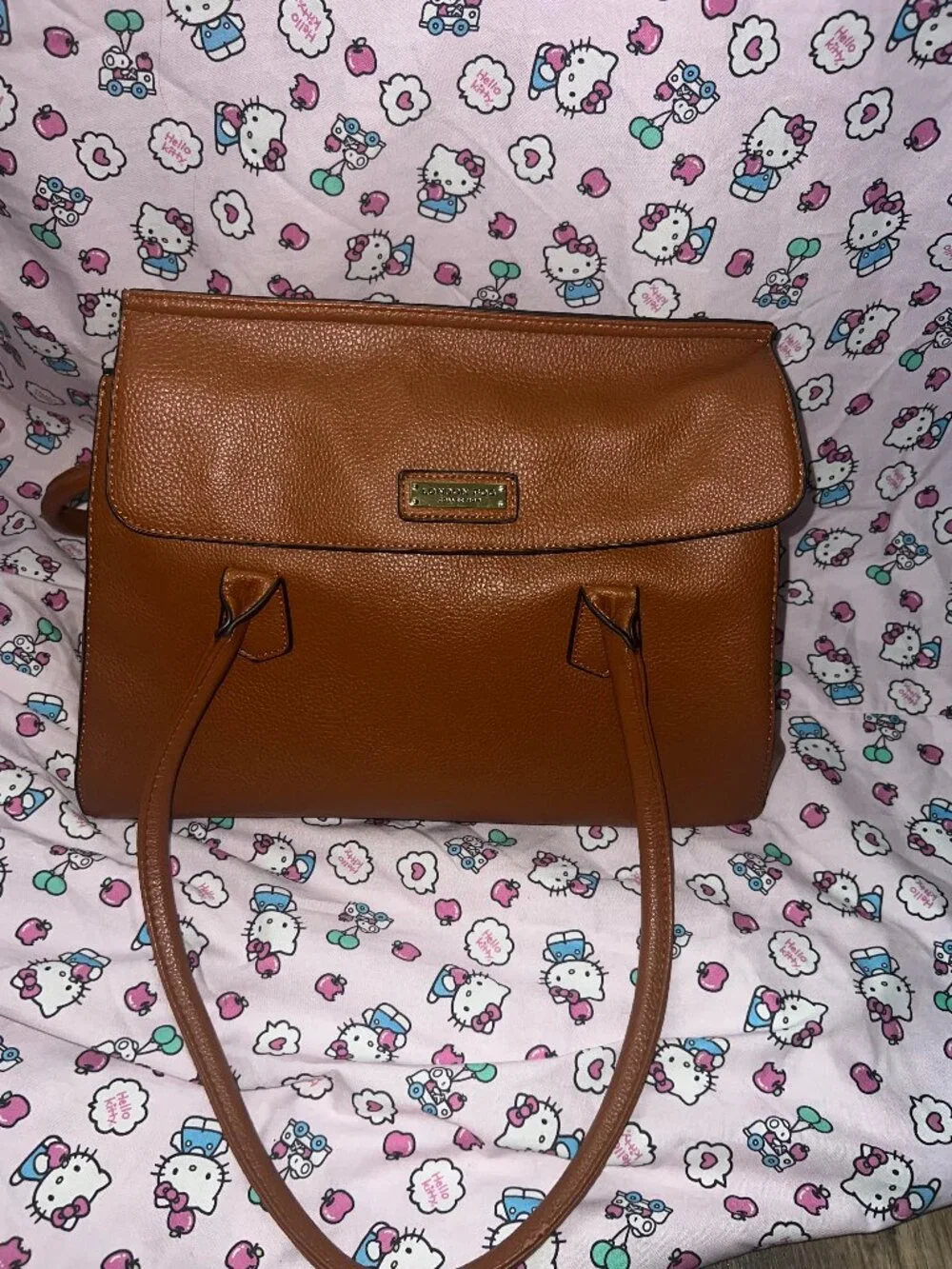 London Fog Collection Cognac Brown Pebbled Shoulder Bag Multi Pocket Tote